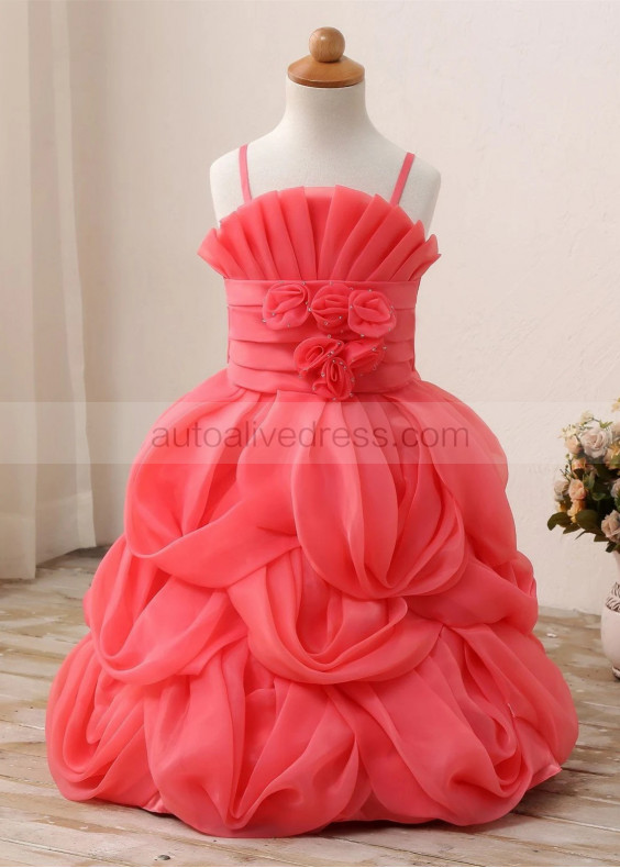 Adjustable Straps Beaded Coral Organza Satin Flower Girl Dress